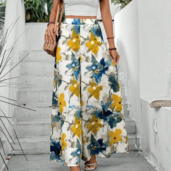 White Boho Women's Floral Print Super Wide-Leg Pants - Picture 4 of 5